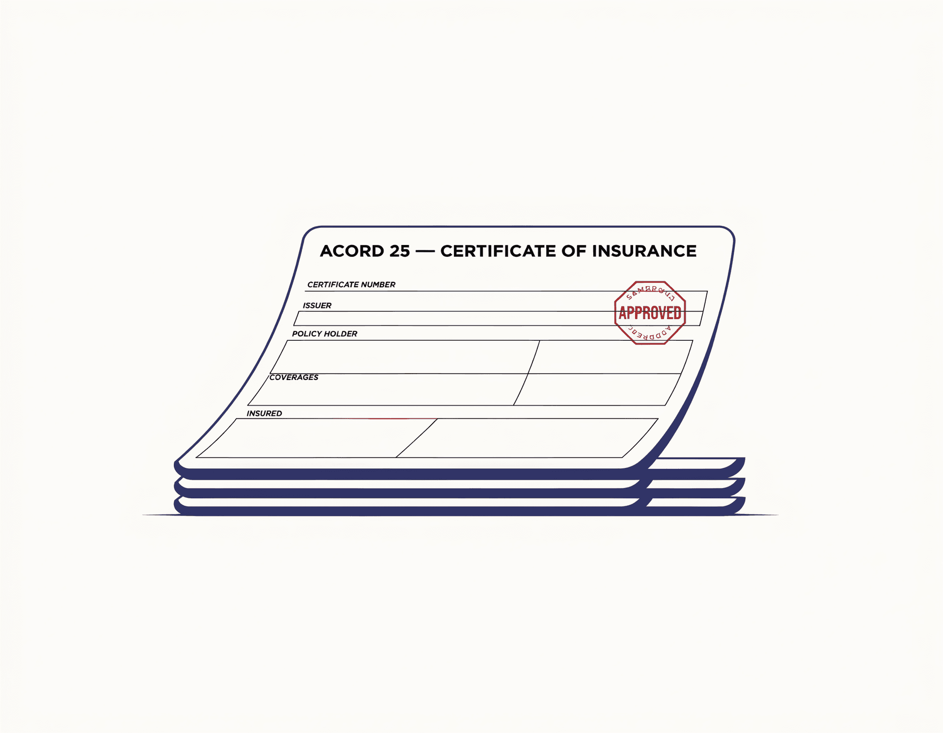 Line-art illustration of a stack of ACORD certificate documents with the topmost card lifted and stamped with a clear octagonal seal-red APPROVED mark.