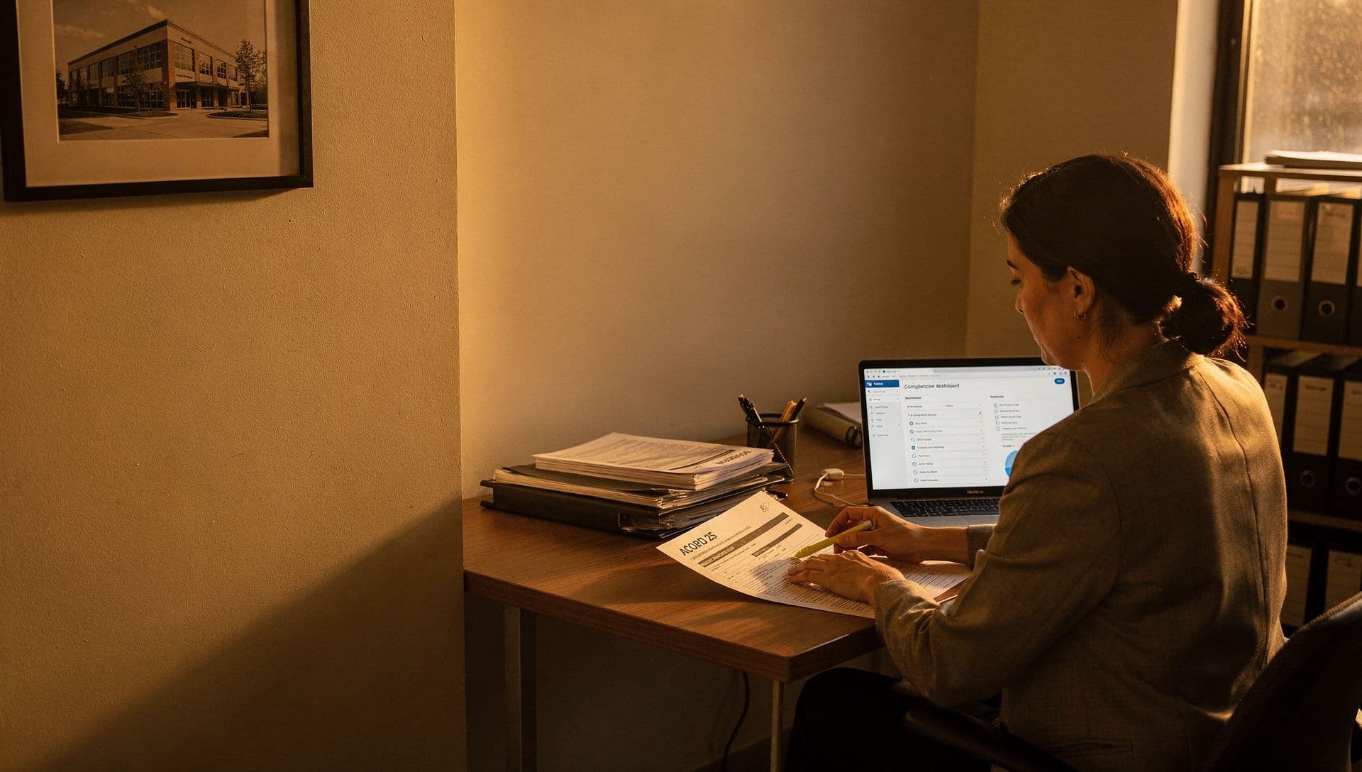 Wide warm-toned photograph of a commercial general contractor's back-office at golden hour, with an office manager at a desk reviewing ACORD insurance paperwork on a laptop showing a compliance dashboard.